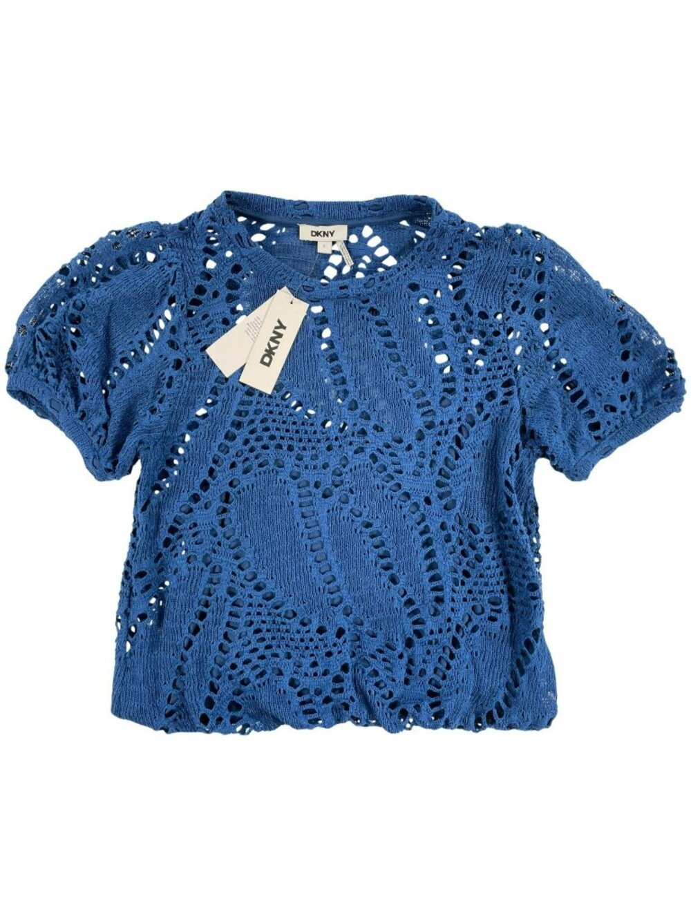 DKNY Admiral Blouse Blue Crochet Puff Sleeve Top Women's Size Small NEW